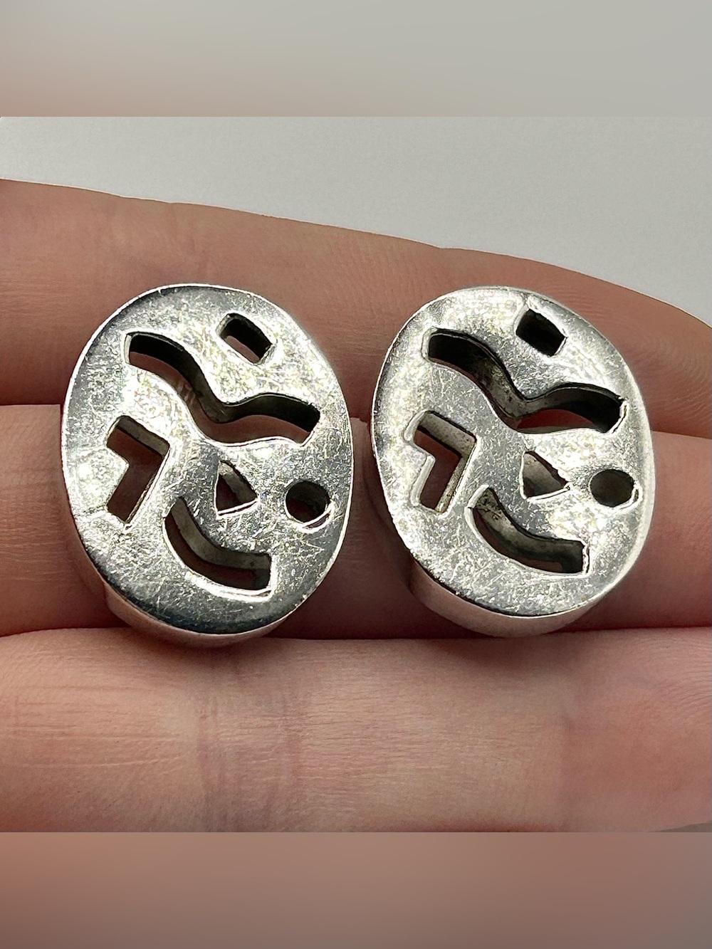 Vintage Sterling Silver Oval Post Earrings with Modernist Geometric Cutouts